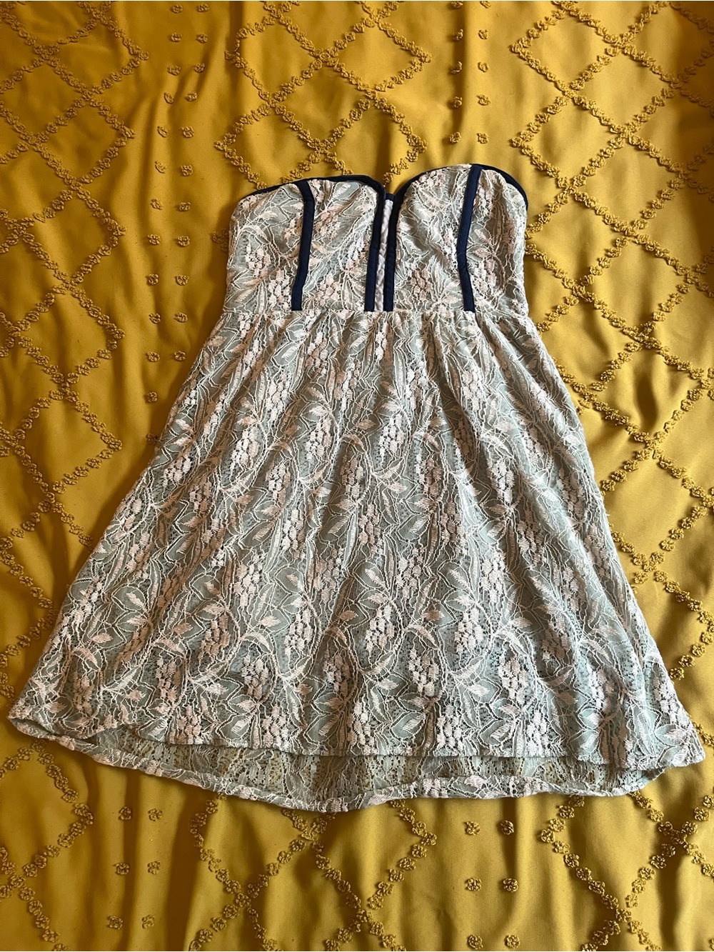 Strapless Lace Overlay Mini Dress in Light Blue/Green with Navy Trim